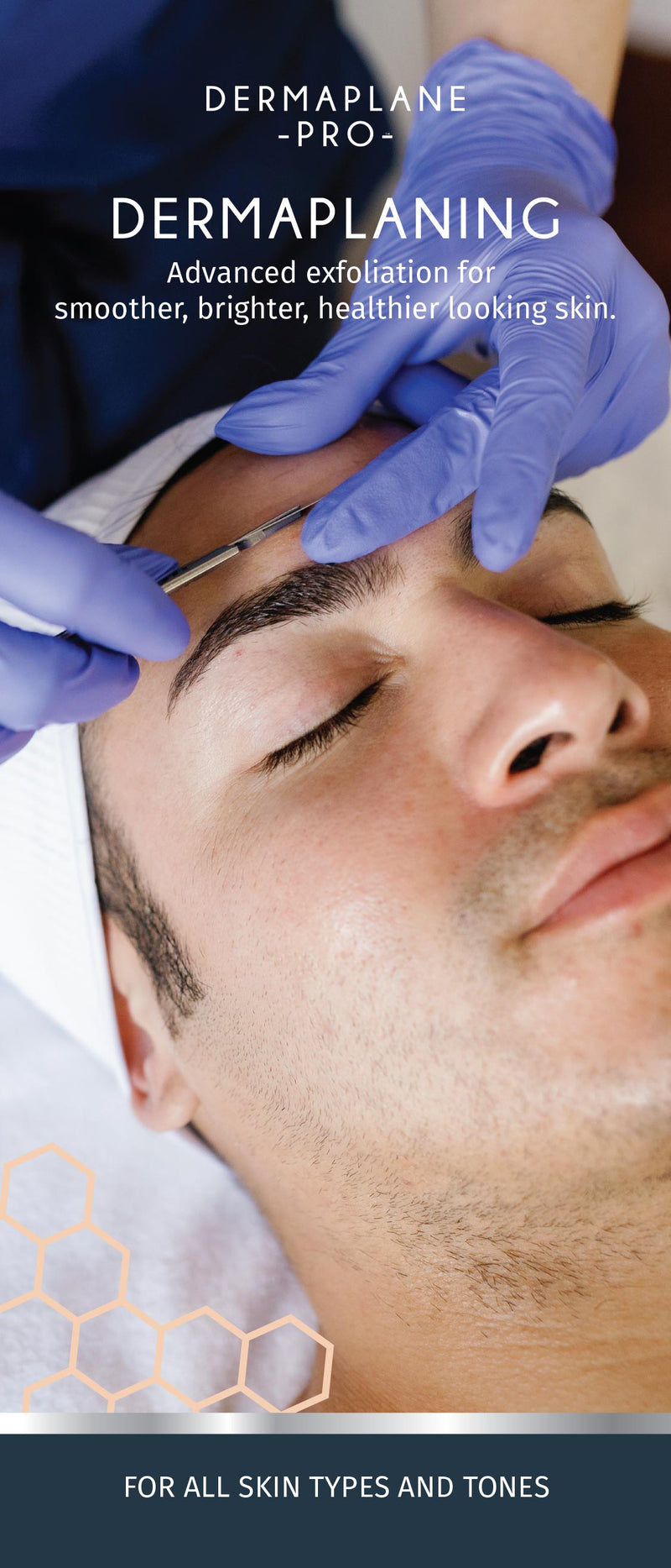 Dermaplaning rack card showing a man having his forehead dermaplaned.