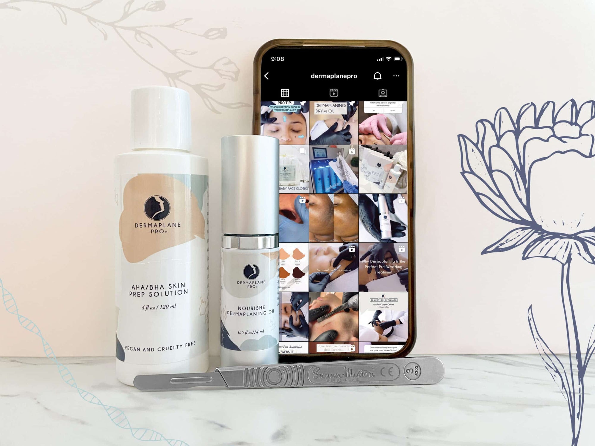 DermaplanePro Nourishe oil, AHA/BHA Skin Prep, and blade next to a phone showing social media images.