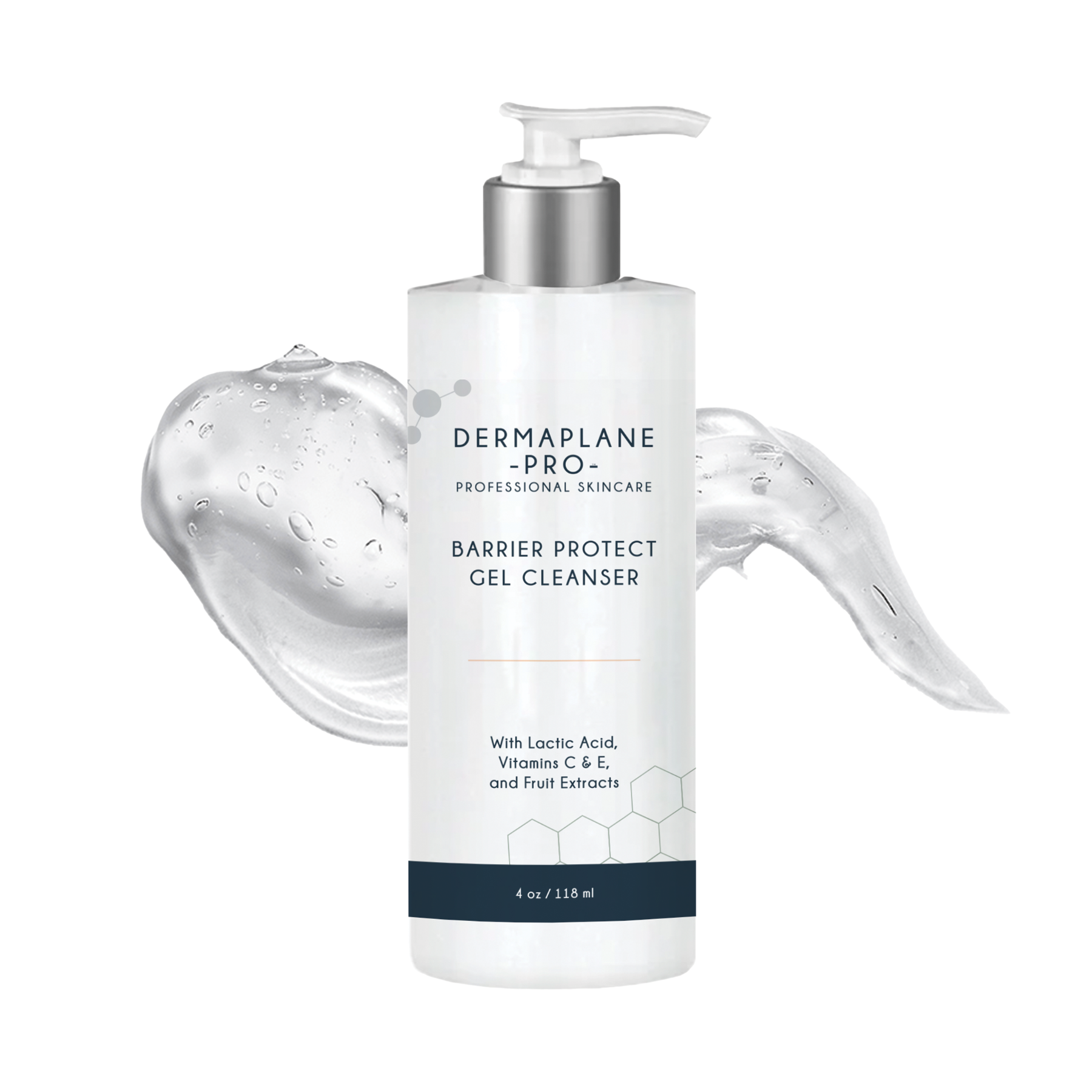 DermaplanePro skincare pump bottle of Barrier Protect Gel Cleanser with a smudge of cleanswer behind the bottle.