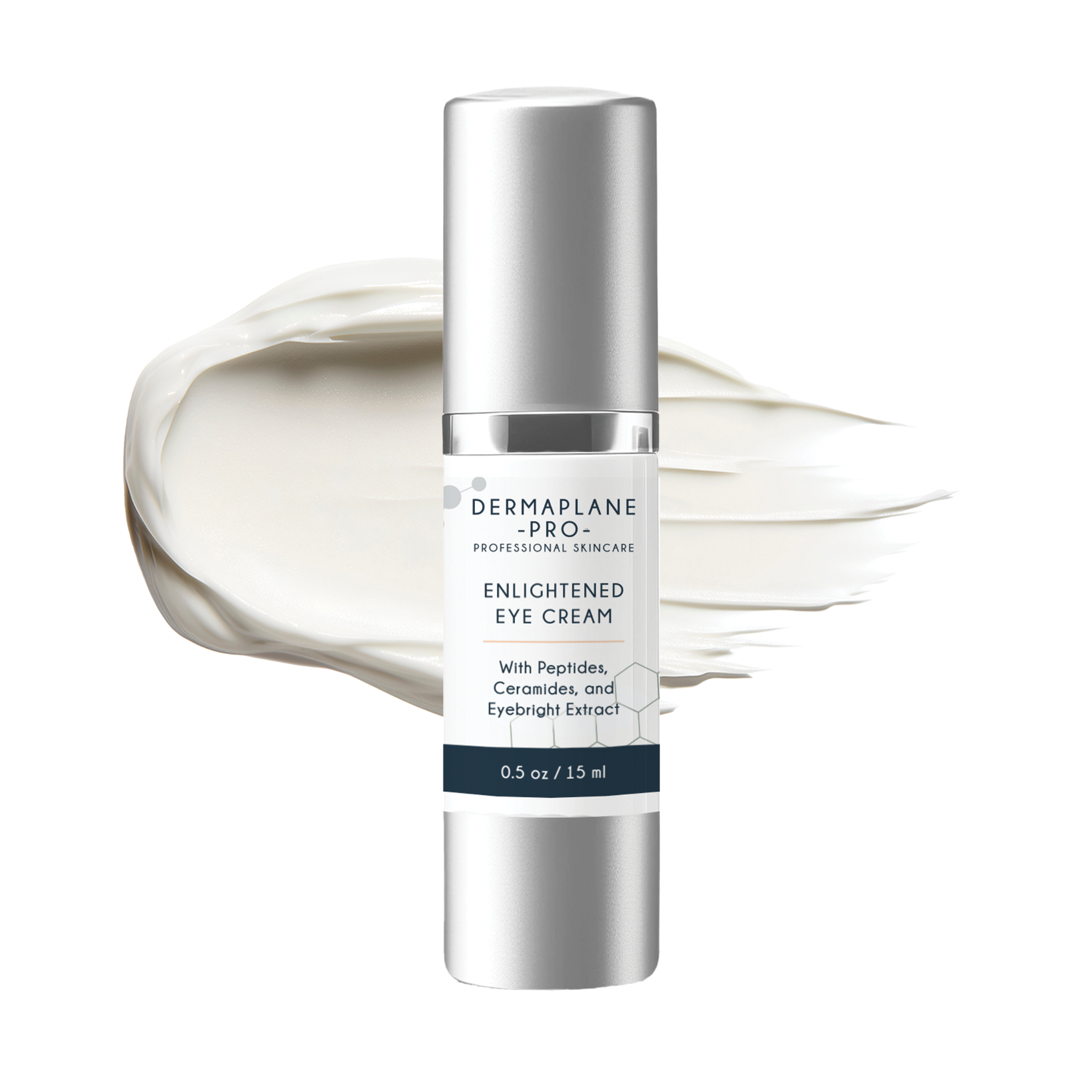DermaplanePro Enlightened Eye Cream bottle with a smear of cream behind it.
