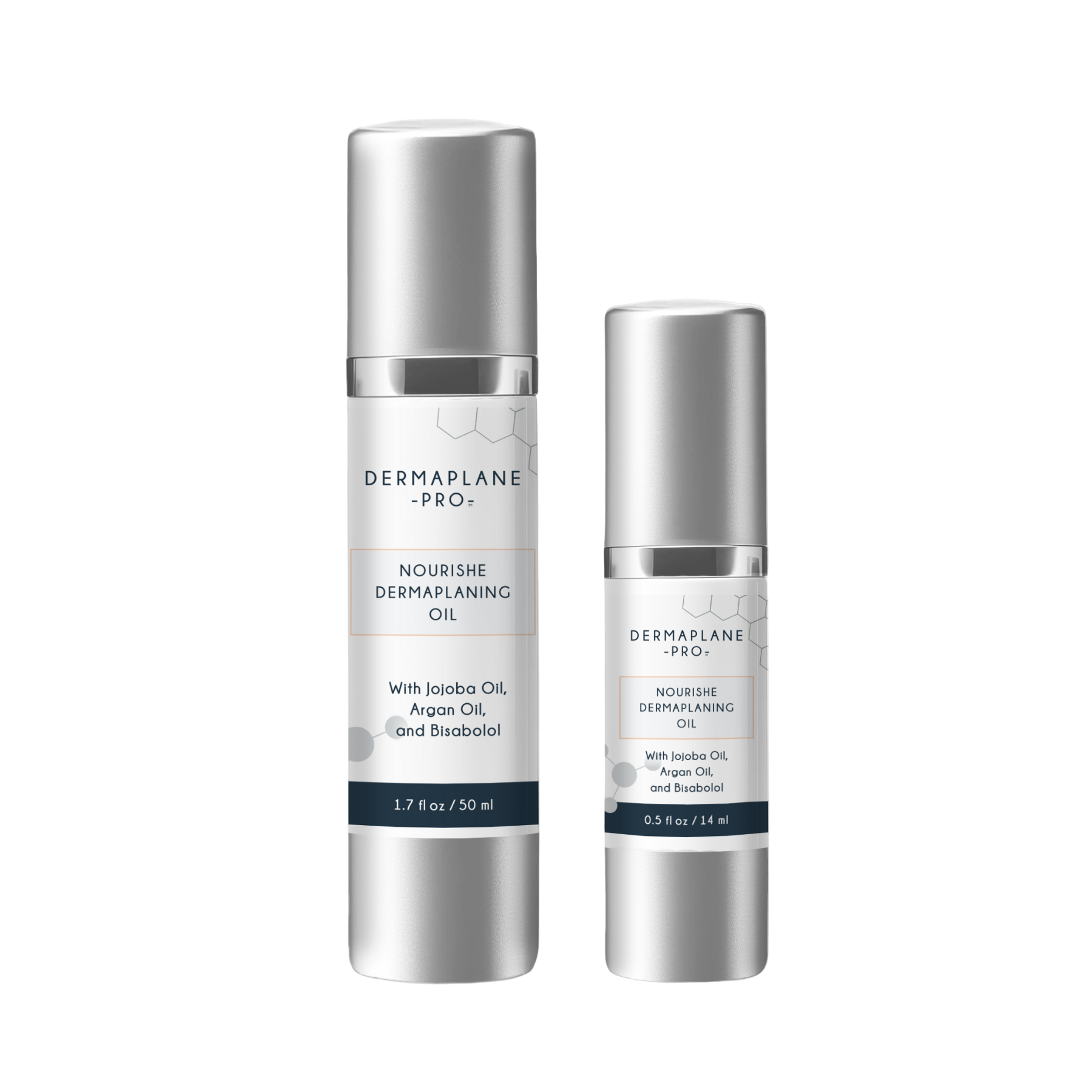 Two silver bottles of Dermablend Nourish Dermaplaning Oil