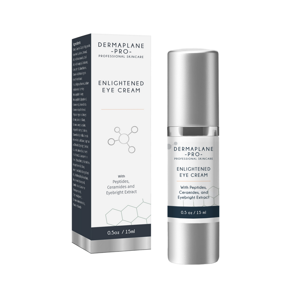 Product image of an illuminating and hydrating eye cream: DermaplanePro Skincare Enlightened Eye Cream bottle and box.