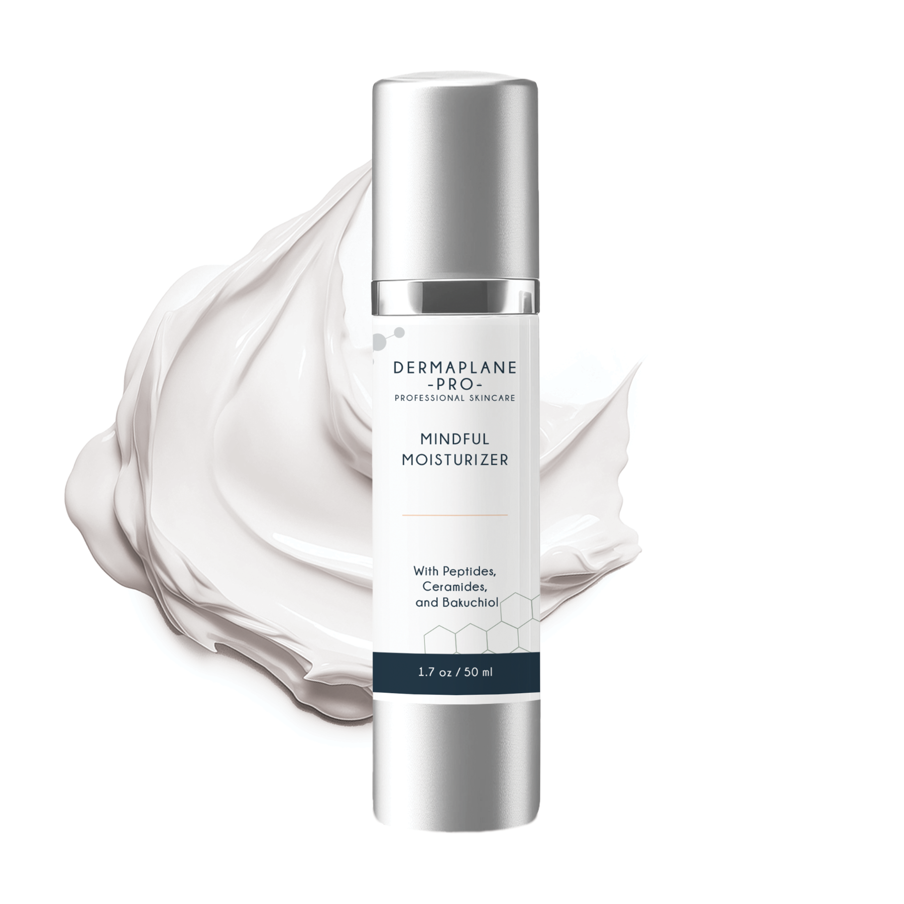 DermaplanePro Skincare Mindful Moisturizer bottle with a smear of moisturizer behind the bottle