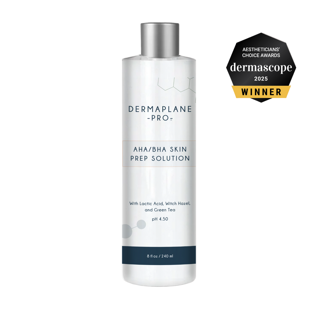 Dermaplane Pro AHA/BHA Skin Prep Solution bottle with Dermascope 2025 winner badge on a white background