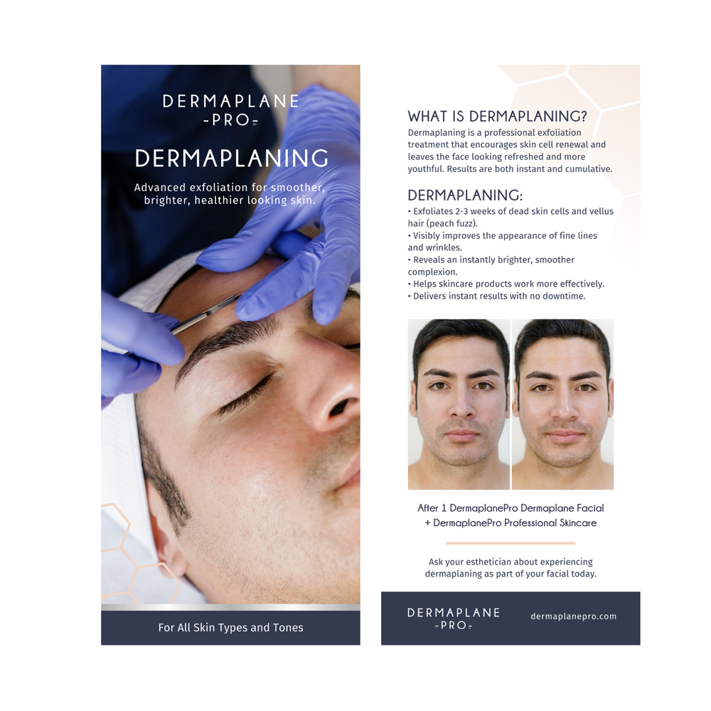 Dermaplaning rack card by DermaplanePro featuring a man being dermaplaned.