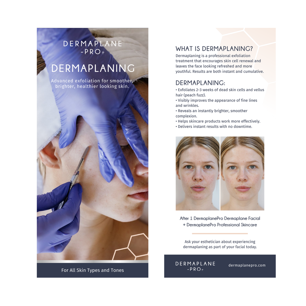 DermaplanePro dermaplaning women rack card detailing the benefits of dermaplaning.