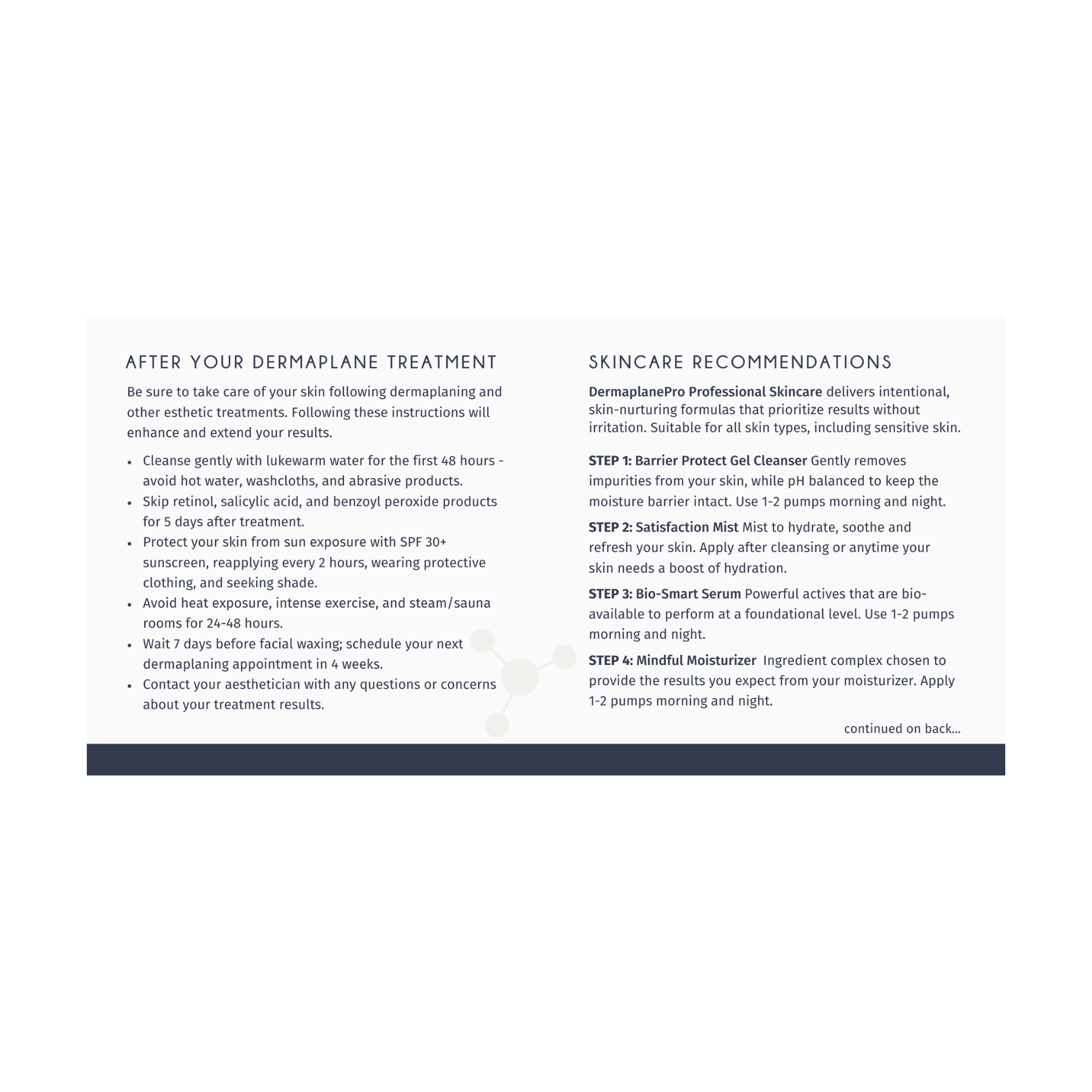 Sample of inside pages of the DermaplanePro Post-Treatment Instructions Booklet.