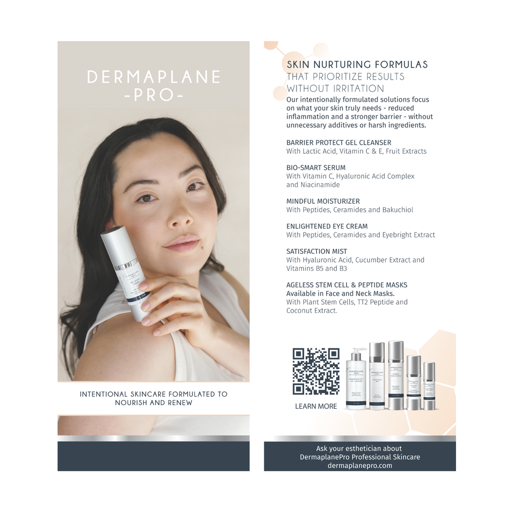 DermaplanePro rack card with descriptions of the new professional skin care line.