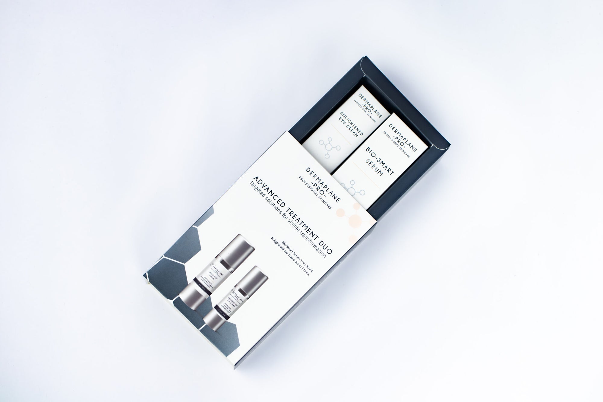 DermaplanePro Skincare Advanced Treatment Duo kit at an angle and partially open to show the boxes of the Bio-Smart Serum and Enlightened Eye Cream.