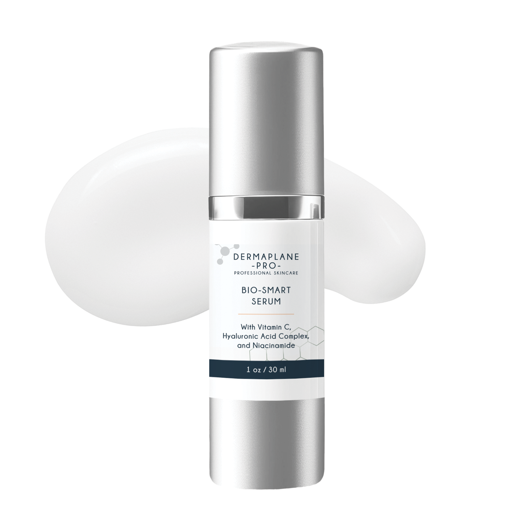 DermaplanePro Bio-Smart Serum bottle with a smudge of serum behind it.