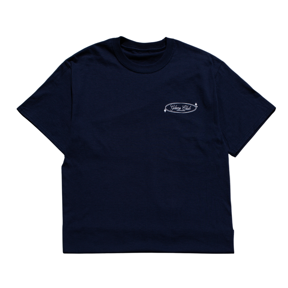 DermaplanePro Glow Club navy tshirt with white text. Front.