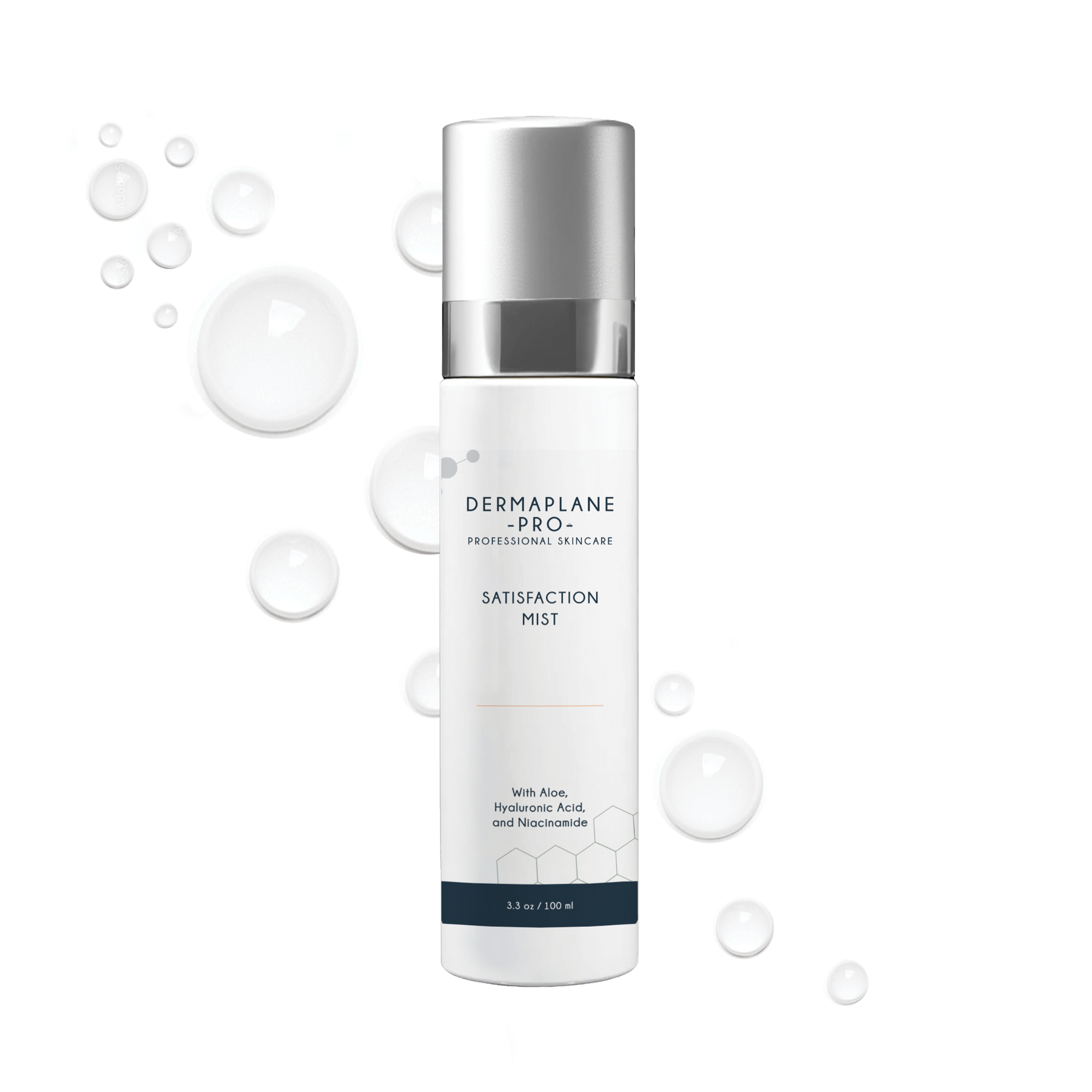 DermaplanePro Skincare Satisfaction Mist with clear droplets behind the bottle. Use as a hydrating and setting mist.