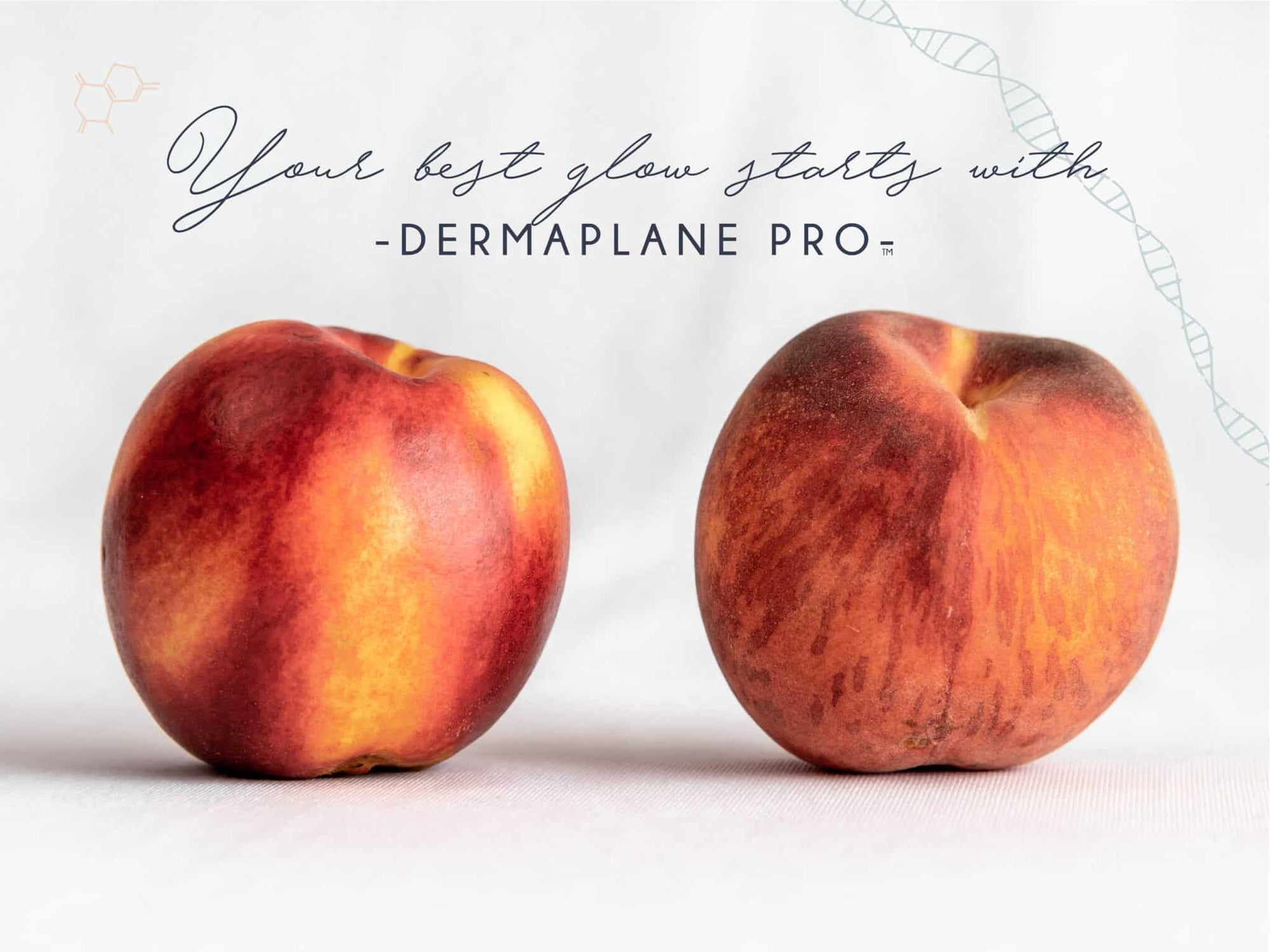 "Your Best Glow Starts With DermaplanePro" poster featuring peach vs nectarine. Bold yet minimal to fit any decor.
