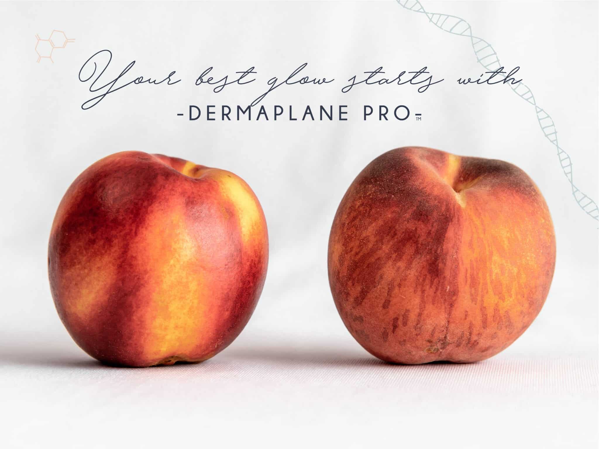 "Your Best Glow Starts With DermaplanePro" poster featuring peach vs nectarine. Bold yet minimal to fit any decor.