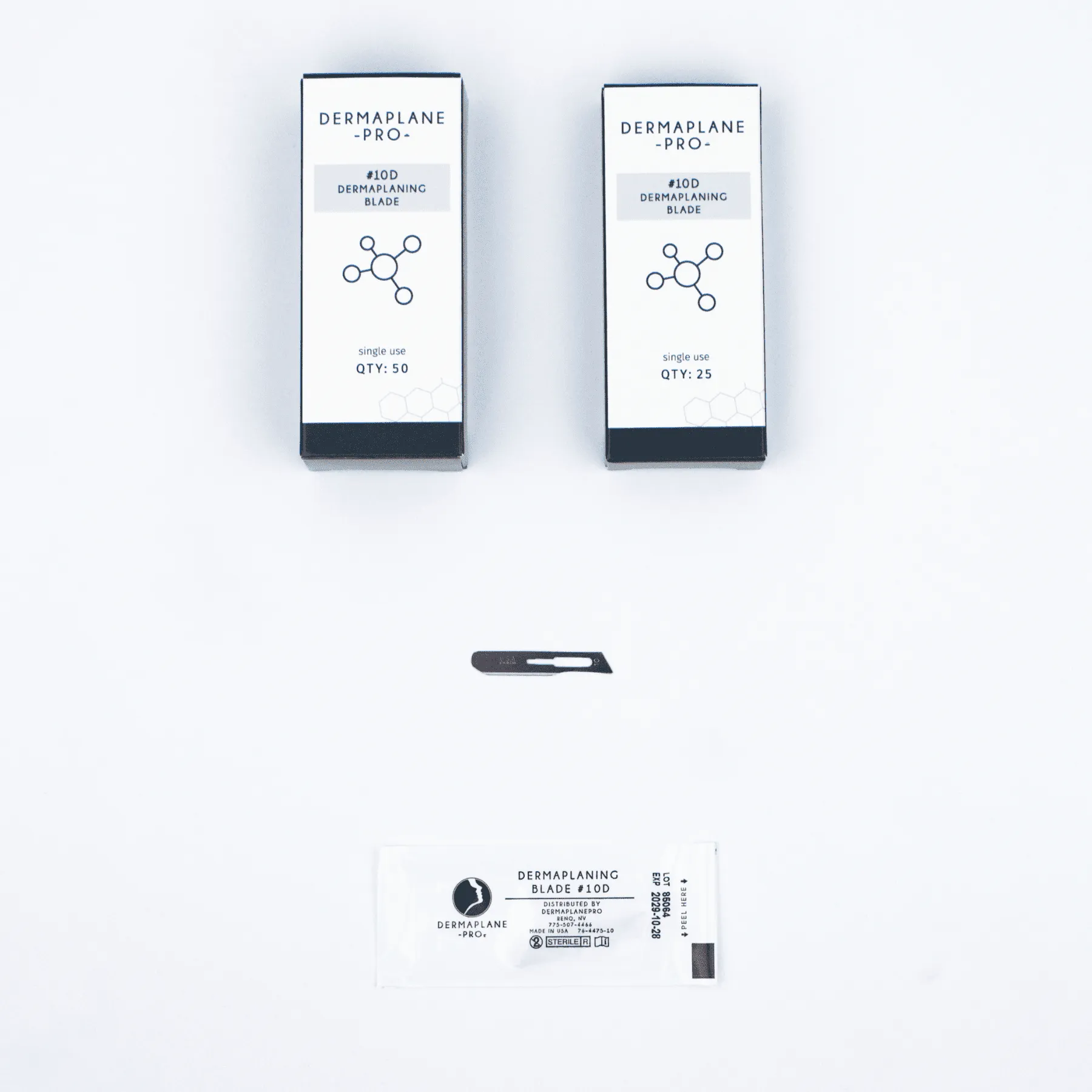 DermaplanePro single-use #10d blades come in boxes of 25, 50, or 100.