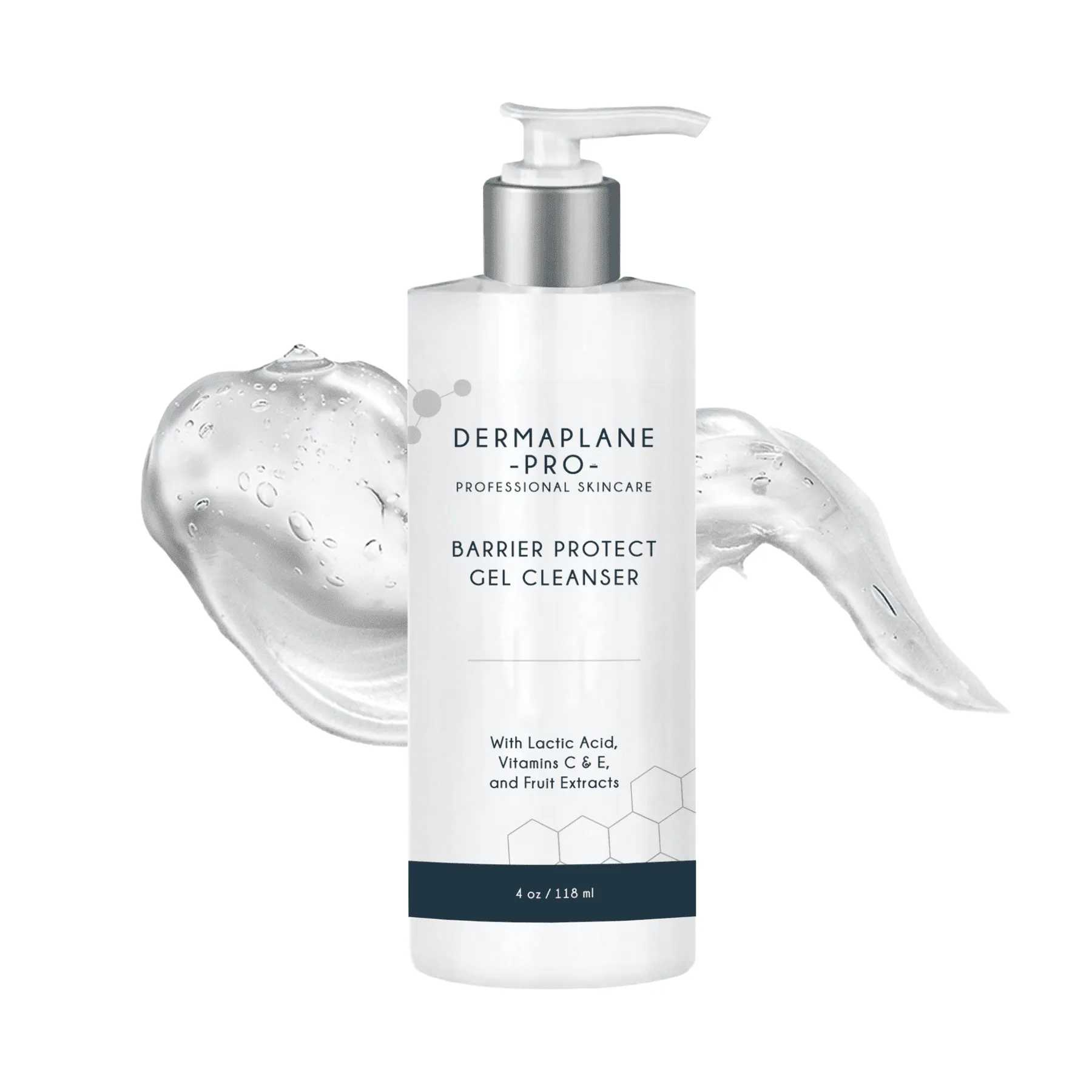 DermaplanePro Skincare Barrier Protect Gel Cleanser DermaplanePro skincare pump bottle of Barrier Protect Gel Cleanser with a smudge of cleanswer behind the bottle.