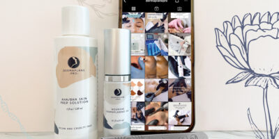 DermaplanePro Nourishe oil, AHA/BHA Skin Prep, and blade next to a phone showing social media images.
