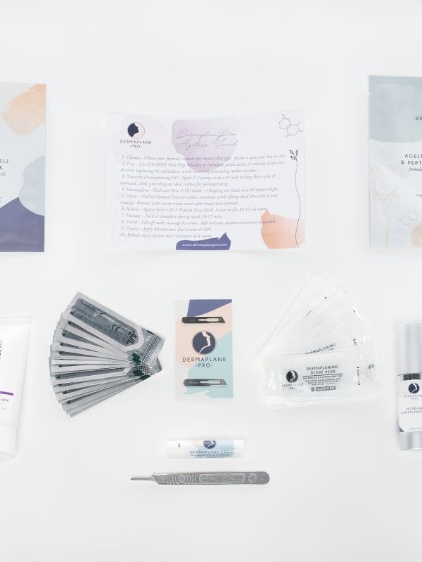 DermaplanePro Deluxe ProStart Kit for professional dermplaning courses and getting started in offering dermaplane facials. Features full-sized products.