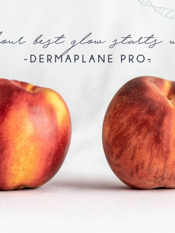 "Your Best Glow Starts With DermaplanePro" poster featuring peach vs nectarine. Bold yet minimal to fit any decor.