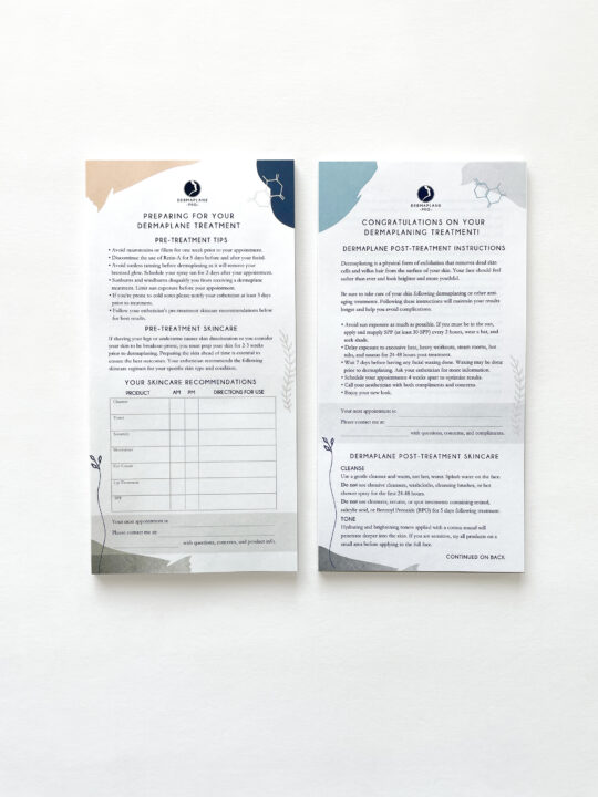 Pre- and post-treatment pads with tips, aftercare instructions, and space for writing in product recommendations. Dermaplaning treatment pads have 25 sheets each.