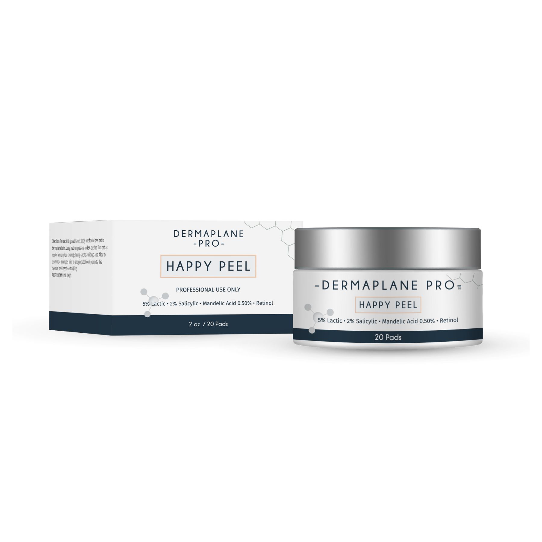 dermaplanepro-happy-peel-20-pad box and jar of dermaplanepro happy peel pads 20 pad