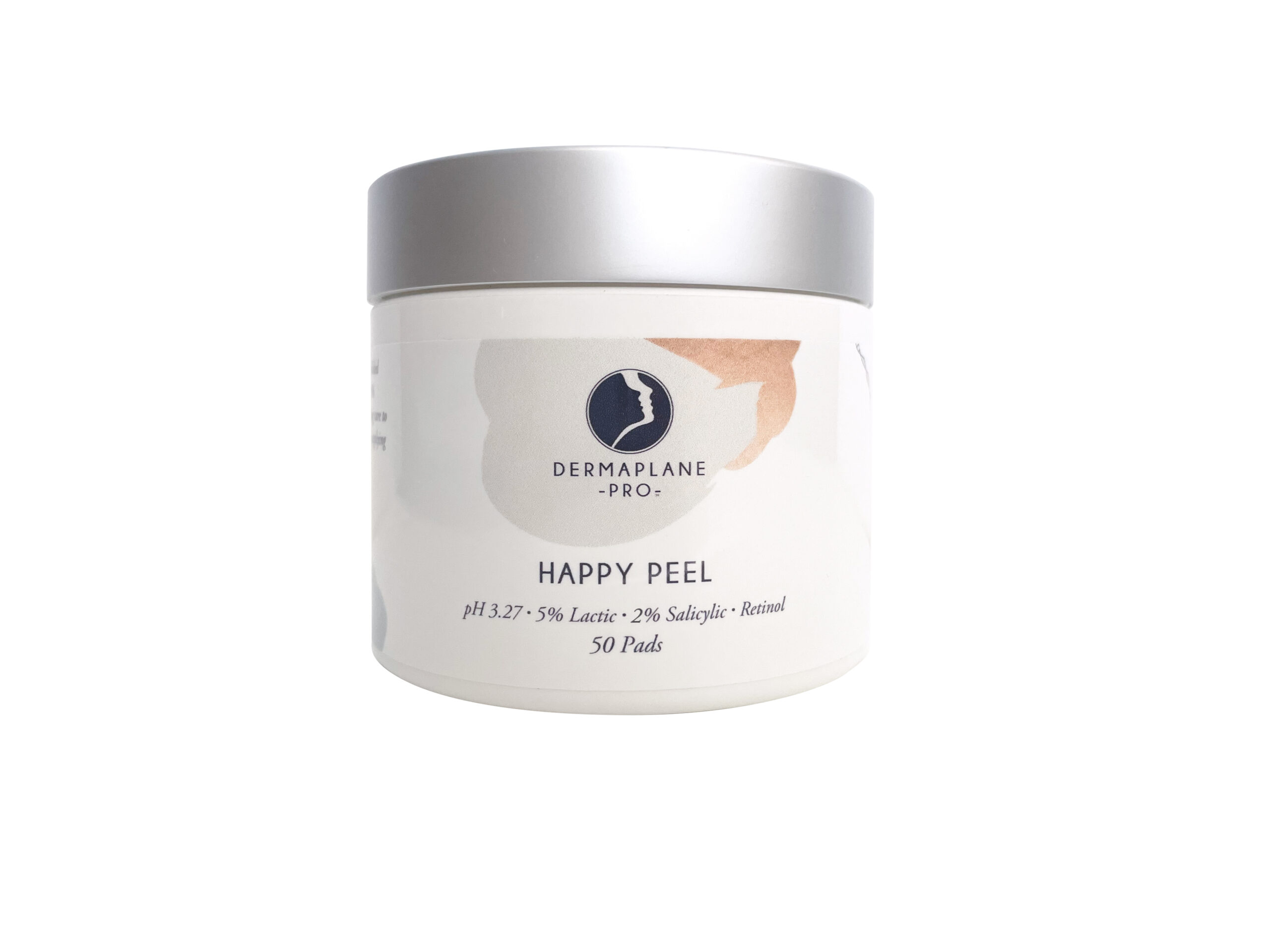 DermaplanePro Happy Peel 50 pads (4 oz). The peel designed to use with dermaplaning. Jar on white background.