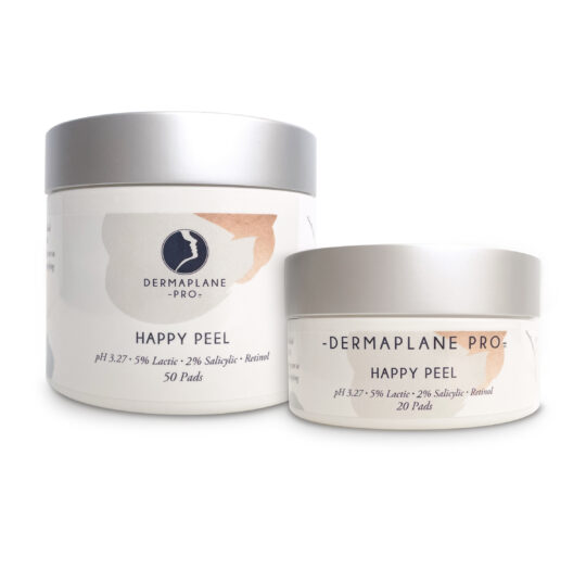DermaplanePro Happy Peel dermaplaning peel pads in jars of 50 pads (4 oz) and 20 pads (2 oz). The perfect peel to use with dermaplaning. Jars on white background.