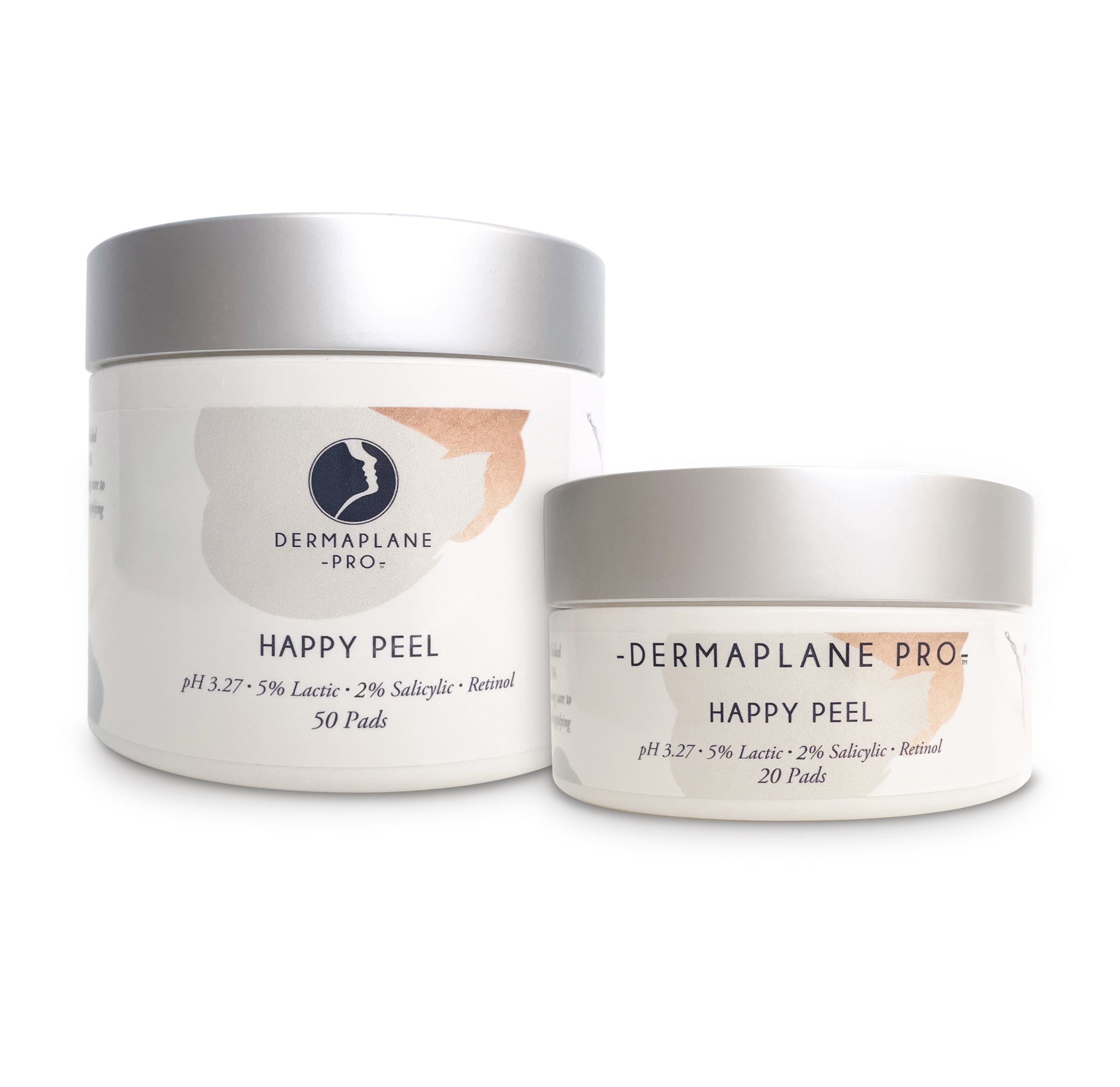 DermaplanePro Happy Peel dermaplaning peel pads in jars of 50 pads (4 oz) and 20 pads (2 oz). The perfect peel to use with dermaplaning. Jars on white background.
