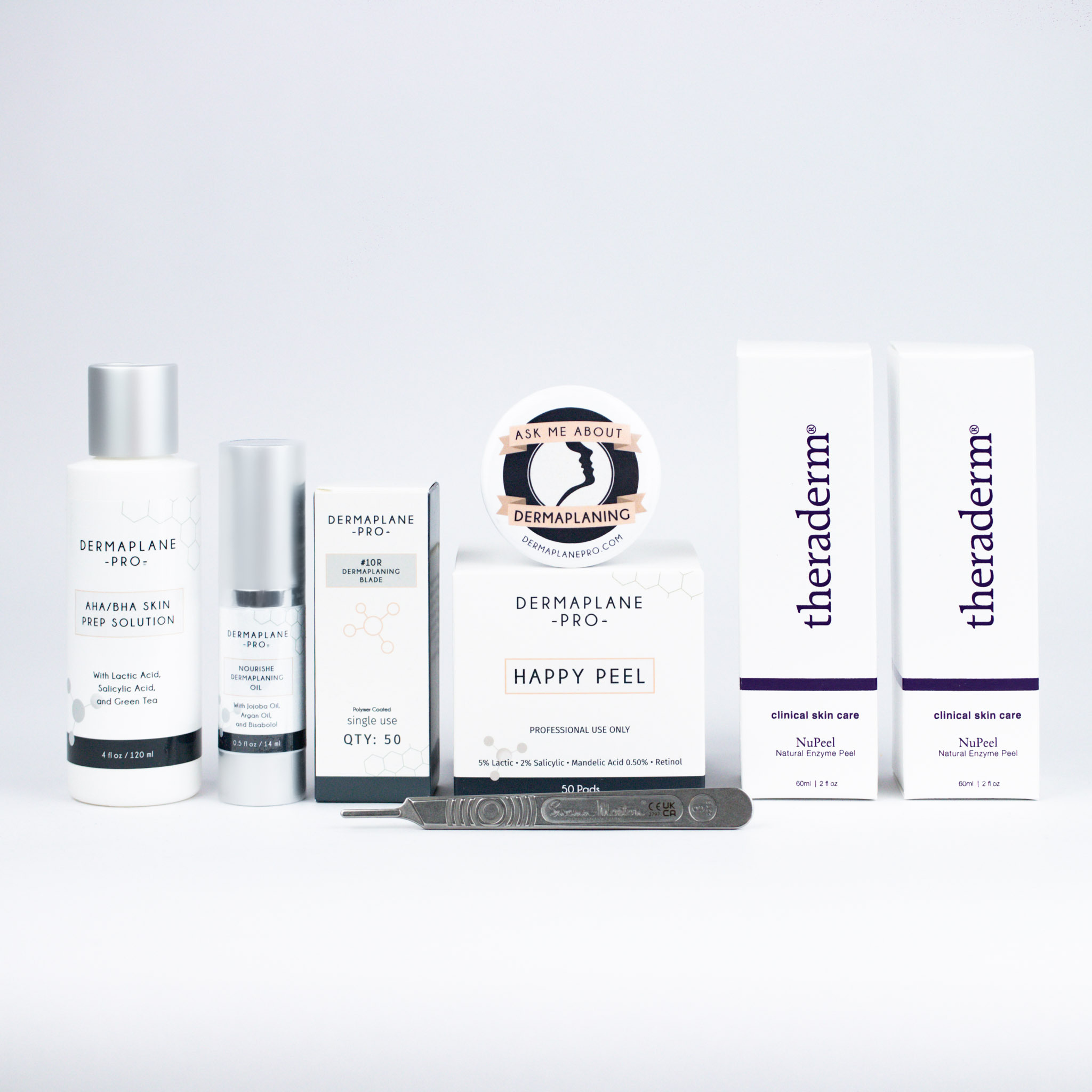 Products included in the Happy Peel Protocol Kit include AHA/BHA Skin Prep Solution, Nourishe Dermaplaning Oil, #10R blades, Happy Peel, metal handle, and NuPeel natural enzyme peel. Happy Peel is a specially formulated peel for dermaplaning.