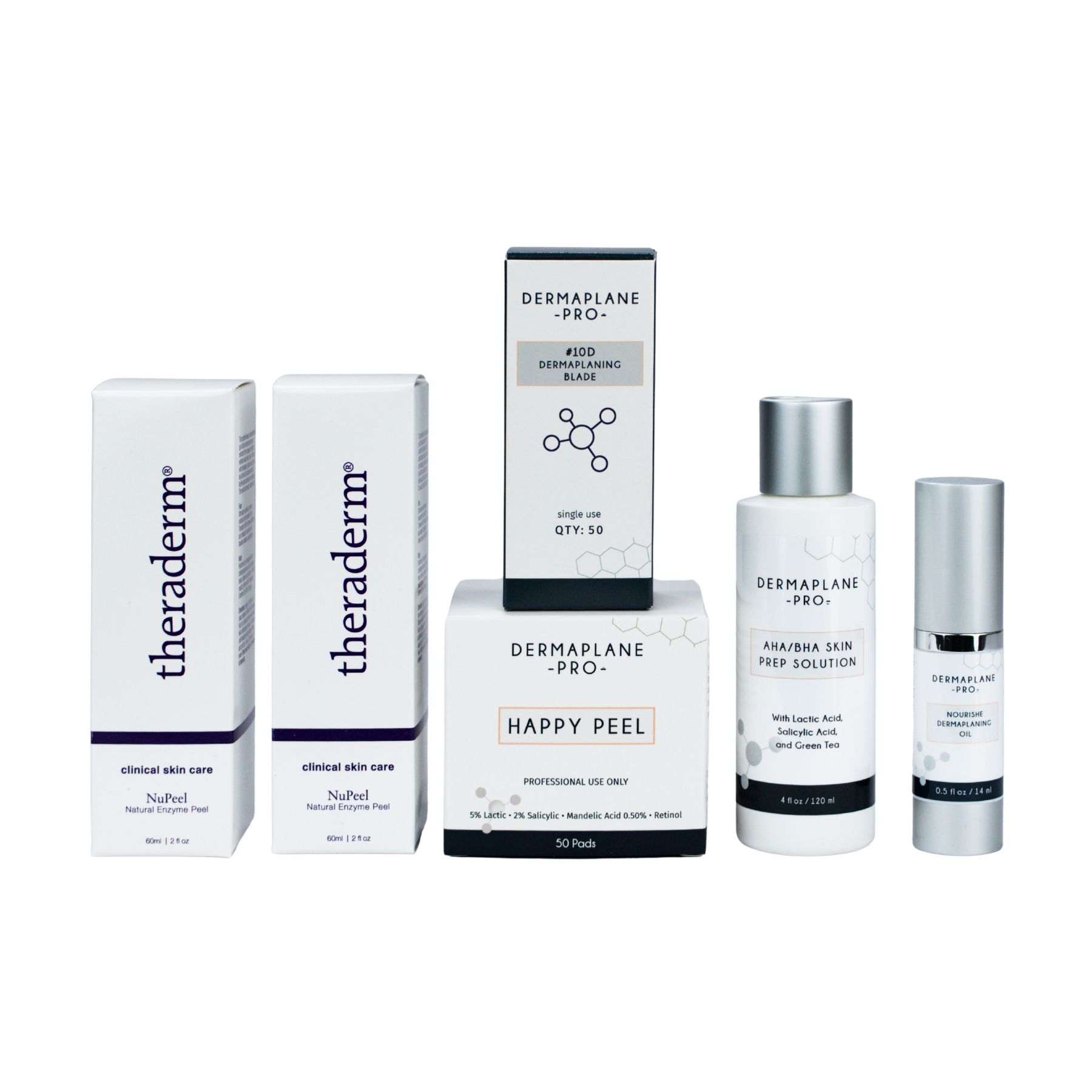Products included in the Happy Peel Protocol Kit. Happy Peel is a specially formulated peel for dermaplaning.
