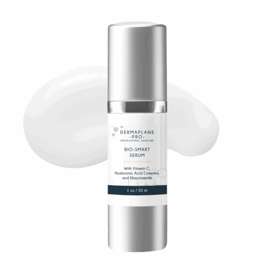 DermaplanePro Bio-Smart Serum bottle with a smudge of serum behind it.