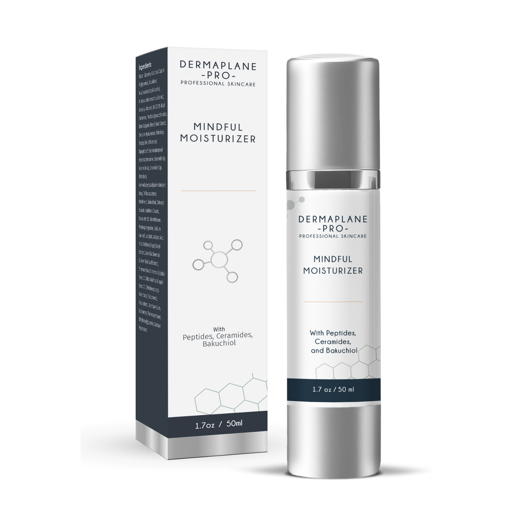 A bottle of DermaplanePro's Mindful Moisturizer; a hydrating and nourishing moisturizer in the DermaplanePro Professional Skincare line.