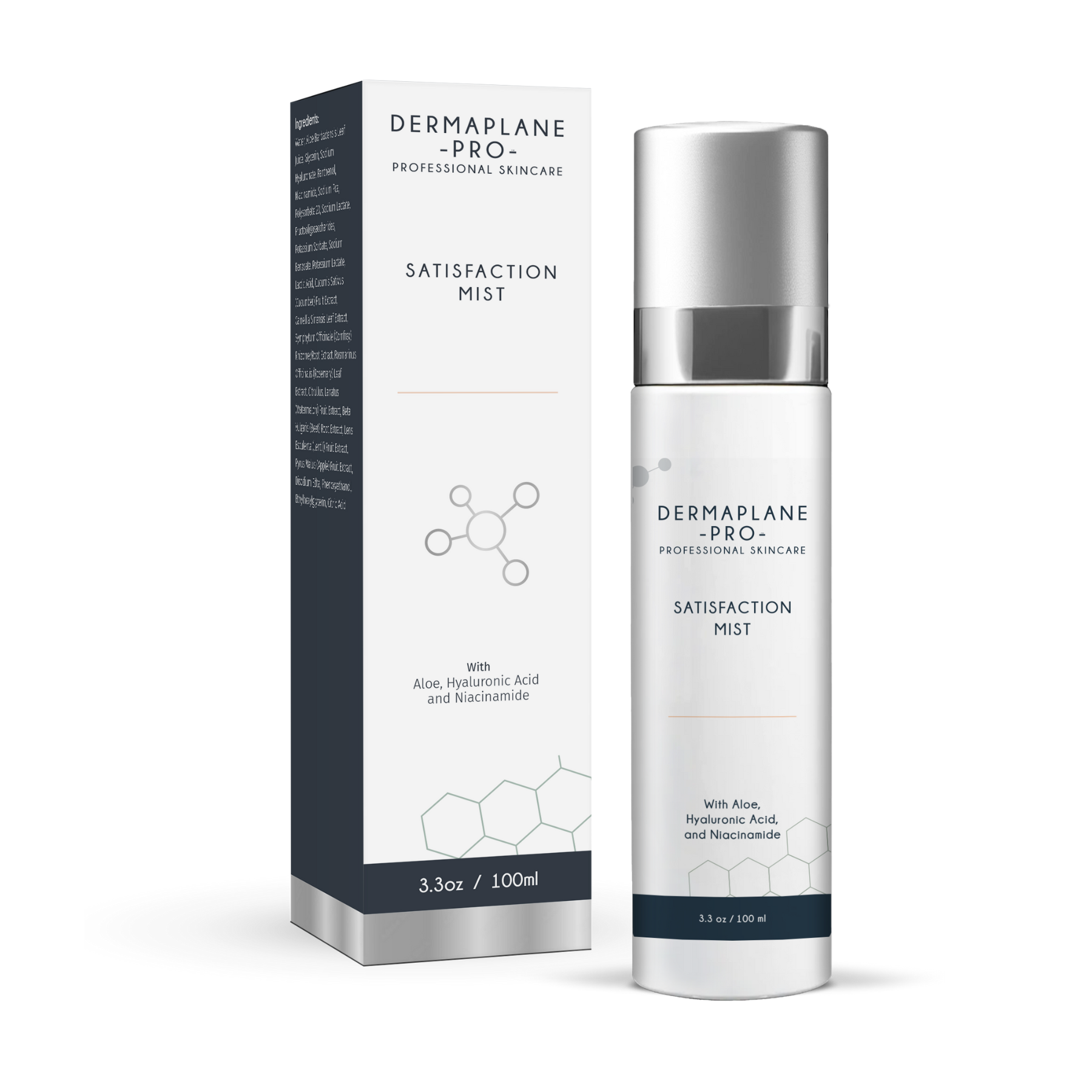 The Satisfaction Mist from DermaplanePro's Professional Skincare line is a hydrating and setting mist with aloe, hyaluraonic acid, and niacinamide.