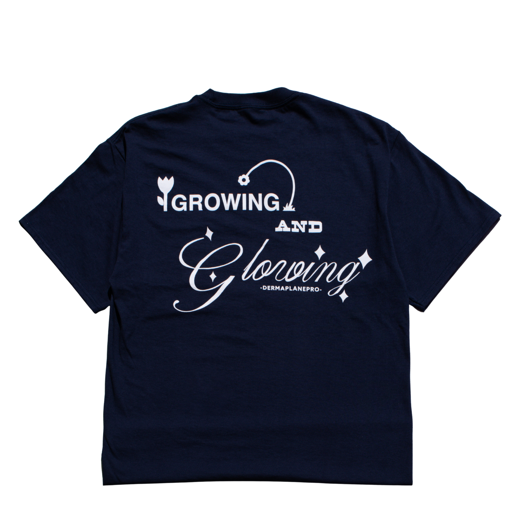 DermaplanePro Glowing and Growing navy blue tshirt back